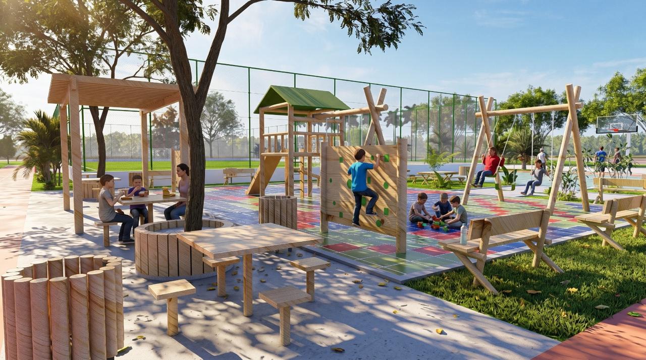 Área de convivência com pergolado e playground